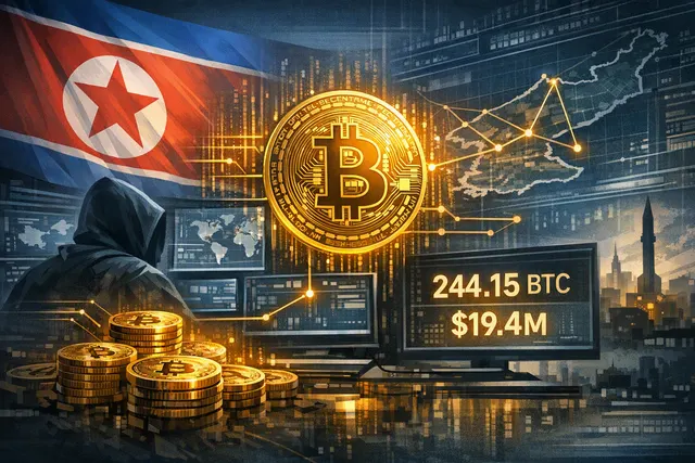 Illustration of Bitcoin moving between unidentified digital wallets, representing a Lazarus Group-linked transfer