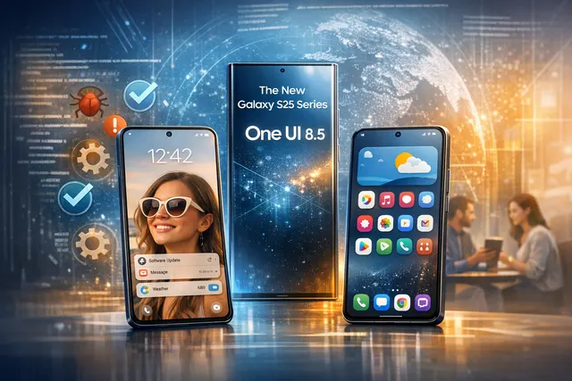 Samsung Galaxy smartphone displaying the One UI 8.5 update interface with dark mode icons and camera app elements in the background
