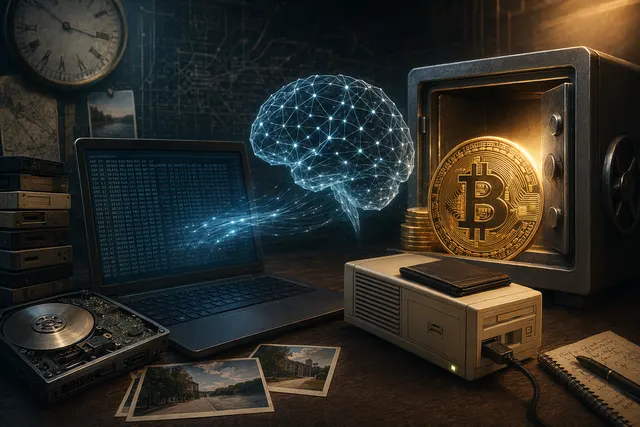 Illustration of AI analyzing old computer files to recover a Bitcoin wallet