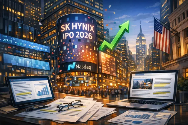 Editorial hero image illustrating SK Hynix's historic Nasdaq debut on July 10, 2026, with visual elements referencing the Nasdaq, semiconductor chips, and AI data center themes.