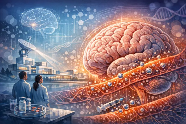Abstract illustration representing drug molecules crossing the blood-brain barrier to reach the central nervous system.