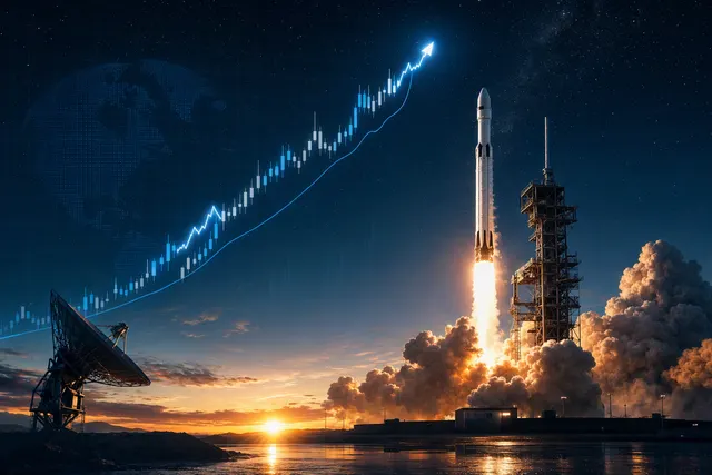 Editorial illustration accompanying an analysis of SpaceX stock’s post-IPO performance and earnings