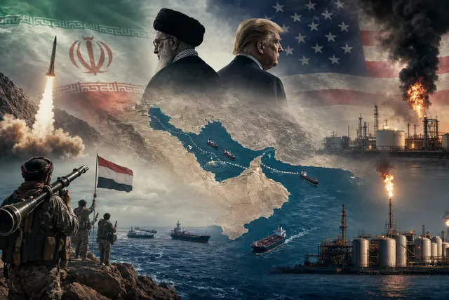 Editorial illustration of the Iran war’s impact on maritime energy routes and regional diplomacy