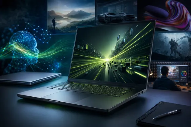 AI-generated editorial illustration accompanying coverage of NVIDIA RTX Spark laptops.