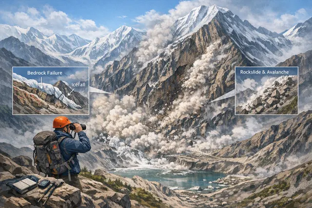 What happened during the August 26 collapse on the north face of Langtang Lirung along the Nepal–Tibet border—including how a bedrock failur