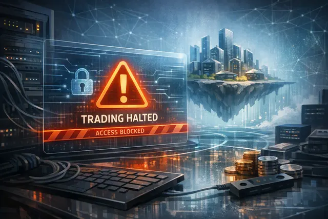 Editorial illustration of a Solana decentralized exchange halted during an internal network security investigation