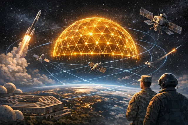 Illustration of SpaceX satellites over Earth representing U.S. Space Force Golden Dome and Space Data Network contracts