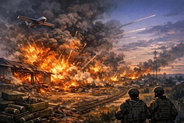 AI-generated editorial illustration of a nighttime ammunition-depot explosion near homes outside Kyiv