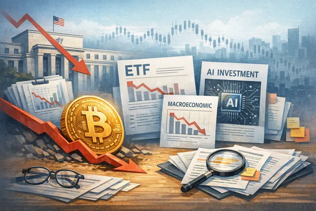 A symbolic Bitcoin coin with a downward-trending line transforms into a sleek institutional building, representing the transition from retail speculation to institutional asset