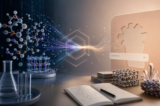 Illustration of a scientist interacting with an AI interface that runs molecular and materials simulations