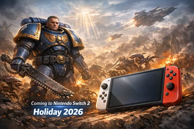 A Space Marine in blue power armor wields a chainsword amid a swarm of Tyranids on a fiery battlefield, with a Nintendo Switch 2 logo integrated into the art for the Holiday 2026 p