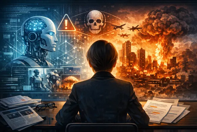 Abstract depiction of an AI brain network with a glowing red warning center, representing the catastrophic threat of unchecked AI development.