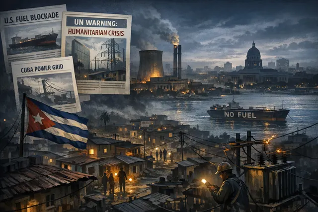 A dark, power-out scene of Havana at night, with only a few lights visible in the distance, illustrating the nationwide blackouts in Cuba during the 2026 energy crisis.