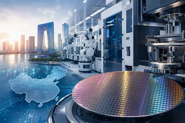 Editorial illustration of semiconductor manufacturing equipment and silicon wafers