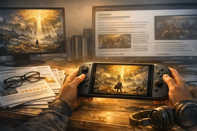 Editorial illustration representing Elden Ring: Tarnished Edition running on Nintendo Switch 2 in handheld and docked modes