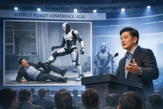 Illustration of a T800 humanoid robot kicking Zhao Tongyang during a strength test