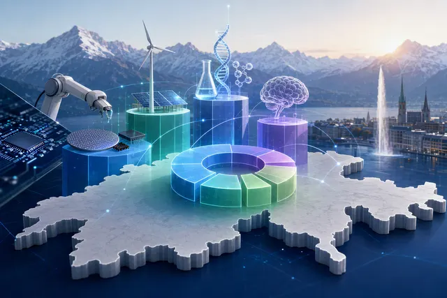 AI-generated editorial illustration for an article on Swiss technology funding in the first half of 2026