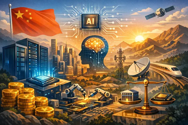 China's national AI computing network concept with data centers and server racks on a map