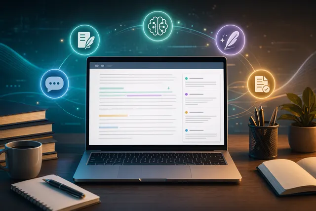 Editorial illustration of AI writing tools for drafting, editing, fiction and student writing in 2026