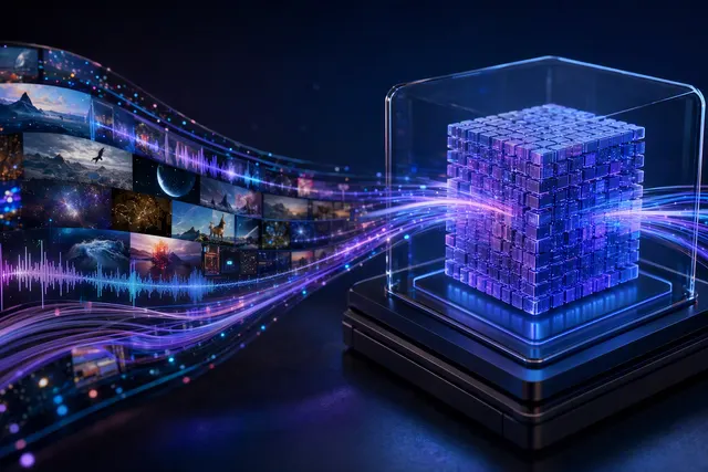 Editorial illustration representing MiniMax H3 multimodal AI video and stereo-audio generation