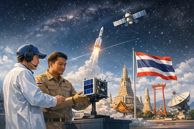 Illustration of a CubeSat being deployed above Earth, representing GalaxySpace’s Lingzhi-09 mission for Thailand