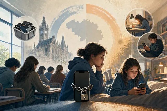 AI-generated editorial illustration about school smartphone restrictions and student phone use.