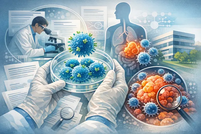 Magnified illustration of a chimeric antigen receptor (CAR) T cell engaging a cancer cell, representing the first approved CAR-T therapy for solid tumors.