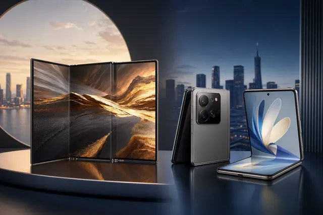 Editorial illustration comparing a Huawei tri-fold phone and a Xiaomi wide book-style foldable