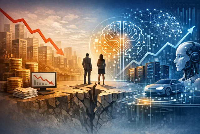 Editorial illustration of Baidu’s transition from search advertising to AI cloud, models, chips and autonomous driving