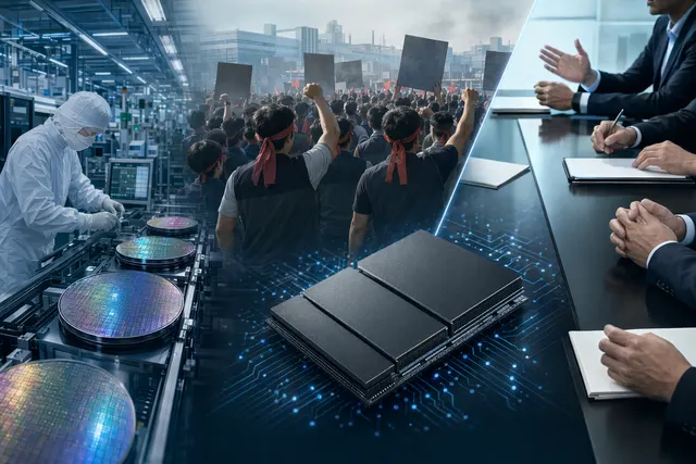 Editorial illustration of Samsung semiconductor workers and AI chips representing the company’s labor dispute over AI-driven profits
