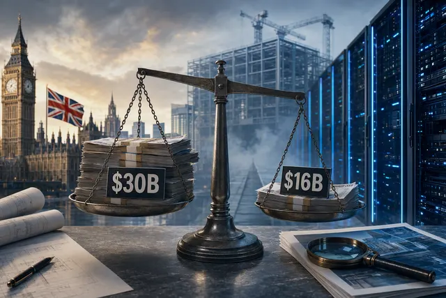 Editorial illustration representing AI data-center infrastructure and IPO valuation scrutiny