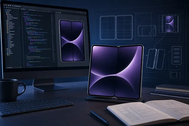 Editorial illustration of app development for Apple’s iPhone Duo foldable and Xcode 27.1