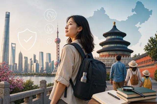 AI-generated editorial illustration for an article about travel safety in China for solo women and families