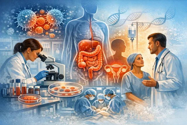 Conceptual medical illustration of immunotherapy targeting cancer cells, related to pembrolizumab trial updates for bowel and endometrial cancer