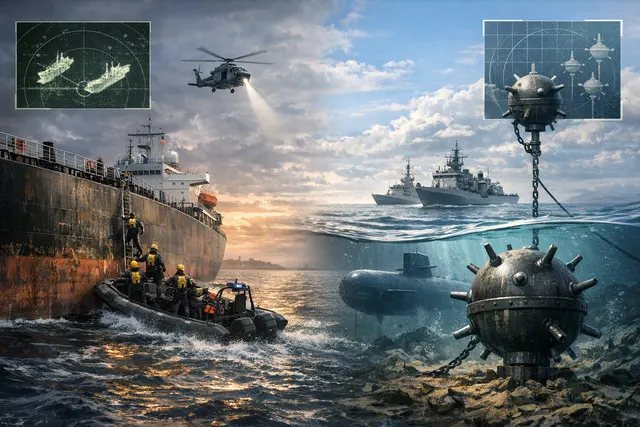 A visual representation of two ships in the Baltic Sea, split between a scene of coast guard interdiction and a darker scene suggestive of underwater mines and hidden threats.