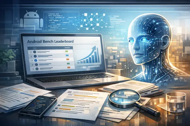 AI-generated visual representing Google's Android Bench leaderboard update with the new top-ranked Claude Fable 5 model.