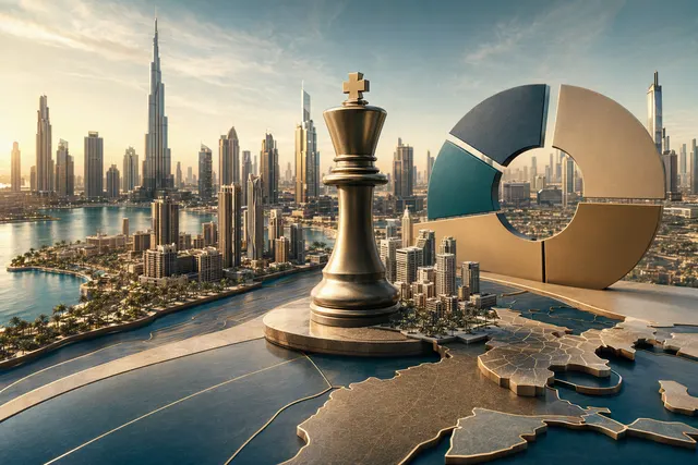 Editorial illustration of Dubai skyline and Emaar ownership structure after Dubai Holding becomes the largest shareholder