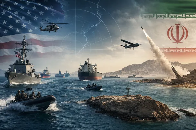 AI-generated editorial image of naval vessels and commercial shipping in the Strait of Hormuz