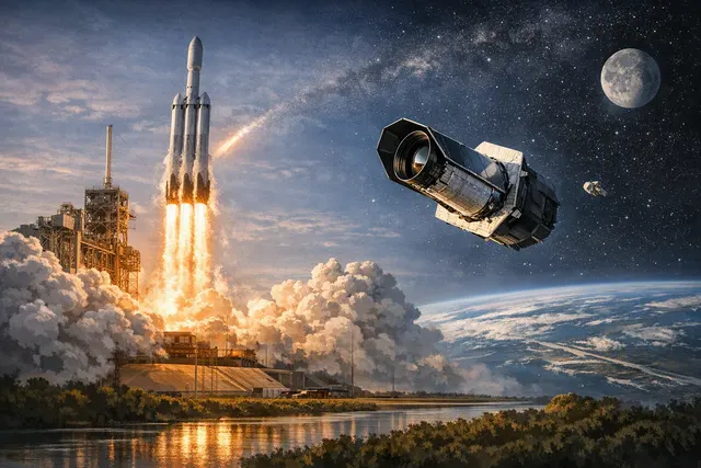 Illustration of NASA’s Nancy Grace Roman Space Telescope launching aboard a SpaceX Falcon Heavy rocket