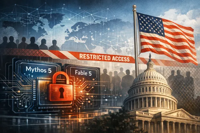 Illustration contrasting a locked U.S. AI model with an open-source Chinese alternative, symbolizing the shift in global AI adoption after export controls