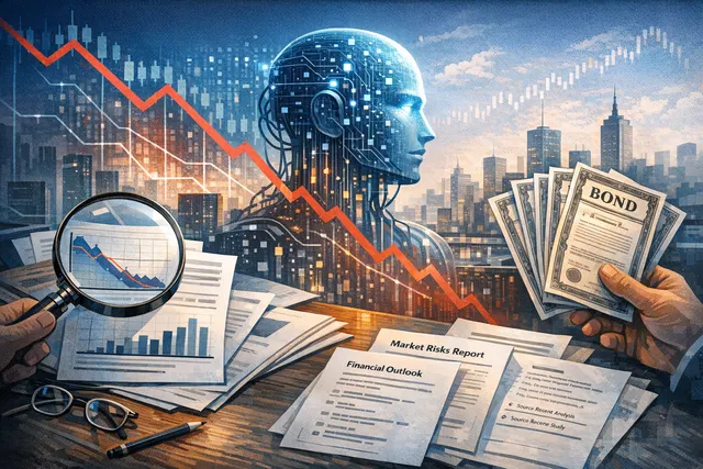 Abstract visualization of bond market data charts, debt metrics, and AI data center infrastructure representing the 2026 AI-driven credit market warning from Goldman Sachs
