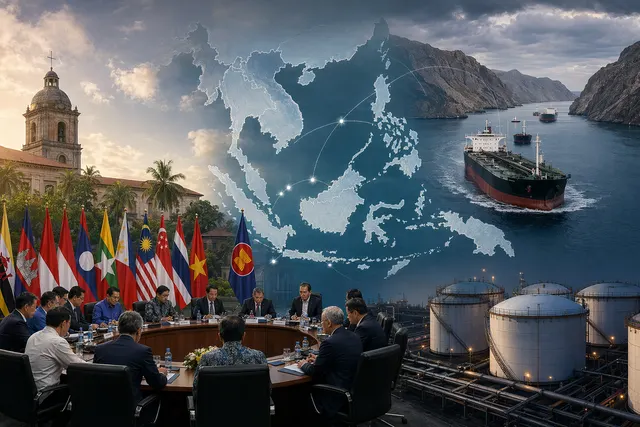Editorial illustration of ASEAN leaders discussing fuel sharing during a Strait of Hormuz oil disruption