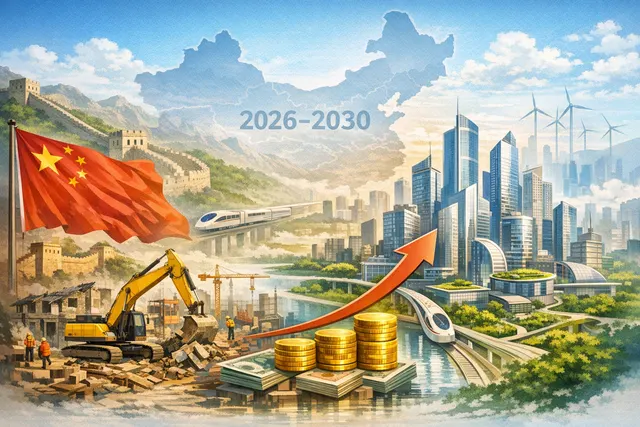 Illustration of China's urban renewal plan for 2026–2030, showing aging apartment blocks, pipeline infrastructure, and construction cranes alongside a visual of yuan investment fig