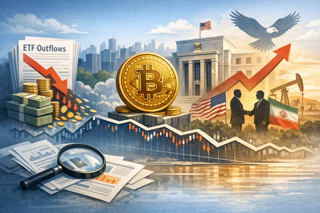 Bitcoin price chart stuck near $64,000 with key factors labeled: ETF outflows, hawkish Fed, US-Iran peace deal, and options expiry