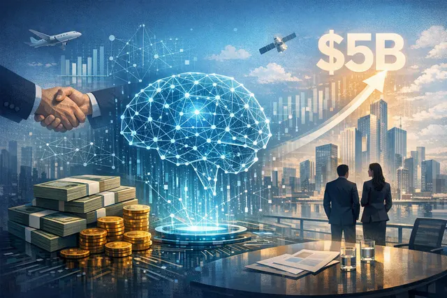 Abstract editorial illustration of enterprise AI agents and connected business systems representing Wonderful’s $550 million Series C funding