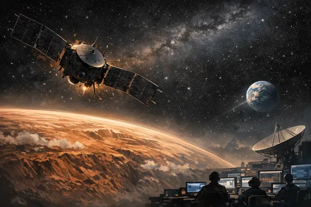 Artist's conception of the MAVEN spacecraft orbiting Mars with the planet's thin atmosphere visible against the blackness of space.
