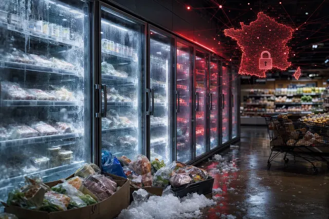 Editorial illustration of a supermarket refrigeration system affected by a cyberattack