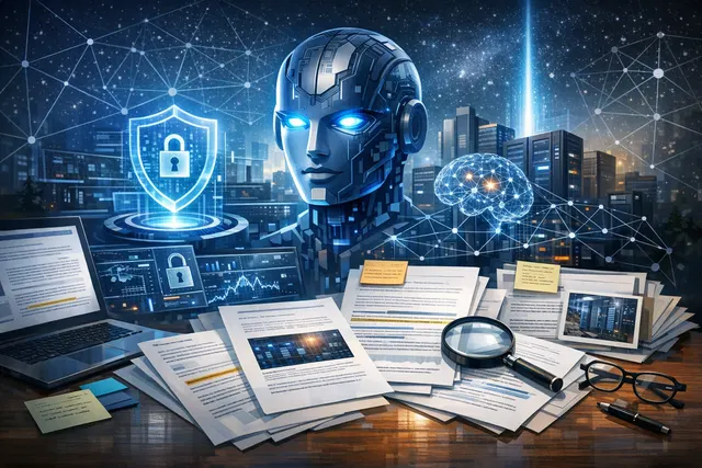 AI-generated visualization of Microsoft's Project Perception cybersecurity system with red, blue, and green AI agents surrounding a central security shield