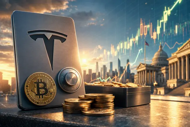 Editorial illustration accompanying an article about Tesla’s Bitcoin holdings and the September 2026 rally