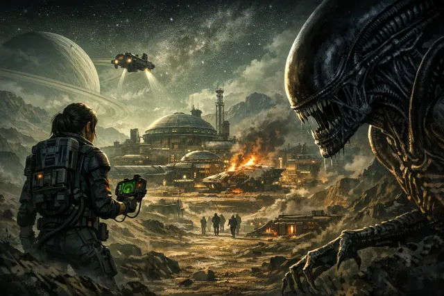 A Xenomorph stalking through a rain-soaked, derelict colony world in Alien: Isolation 2